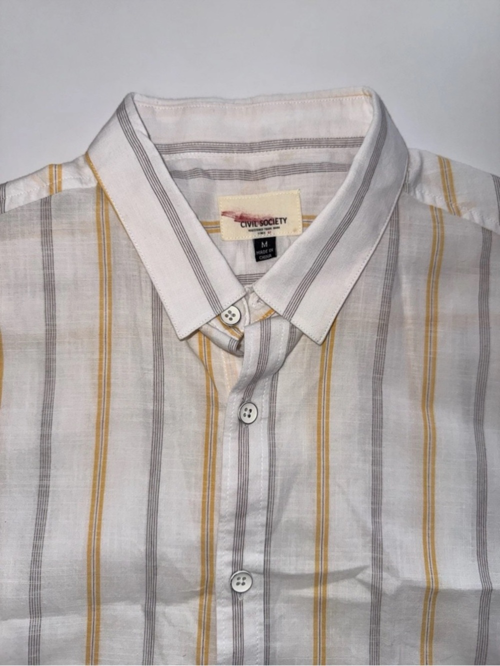 Civil Society Men’s White Button-Down Shirt with Yellow & Gray Stripes